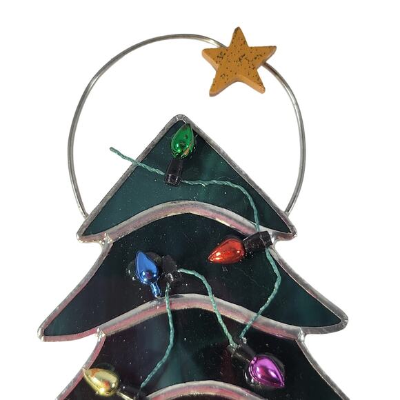 Green Stained Glass Christmas Tree Ornament with Multicolor Lights and Star 5" - Picture 5 of 10